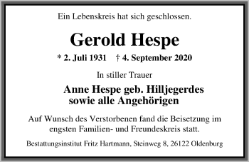Traueranzeige von Gerold Hespe von Nordwest-Zeitung