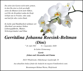 Traueranzeige von Gerritdina Roesink von Nordwest-Zeitung