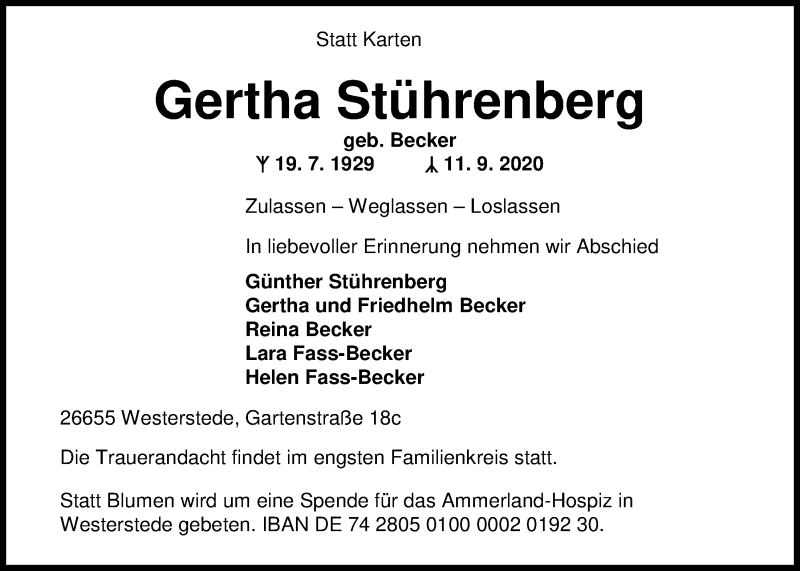  Traueranzeige für Gertha Stührenberg vom 14.09.2020 aus Nordwest-Zeitung