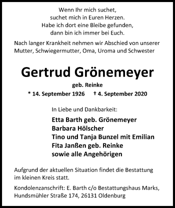 Traueranzeige von Gertrud Grönemeyer von Nordwest-Zeitung