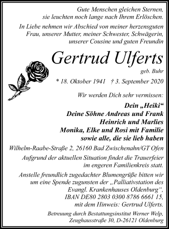 Traueranzeige von Gertrud Ulferts von Nordwest-Zeitung