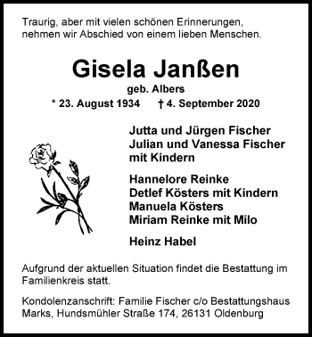 Traueranzeige von Gisela Janßen von Nordwest-Zeitung