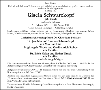 Traueranzeige von Gisela Schwarzkopf von Nordwest-Zeitung