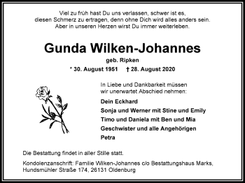 Traueranzeige von Gunda Wilken-Johannes von Nordwest-Zeitung