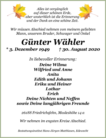 Traueranzeige von Günter Wähler von Nordwest-Zeitung