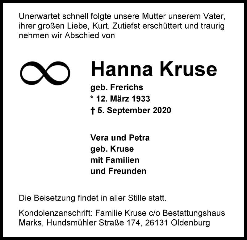  Traueranzeige für Hanna Kruse vom 12.09.2020 aus Nordwest-Zeitung