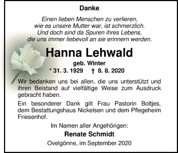 Traueranzeige von Hanna Lehwald von Nordwest-Zeitung