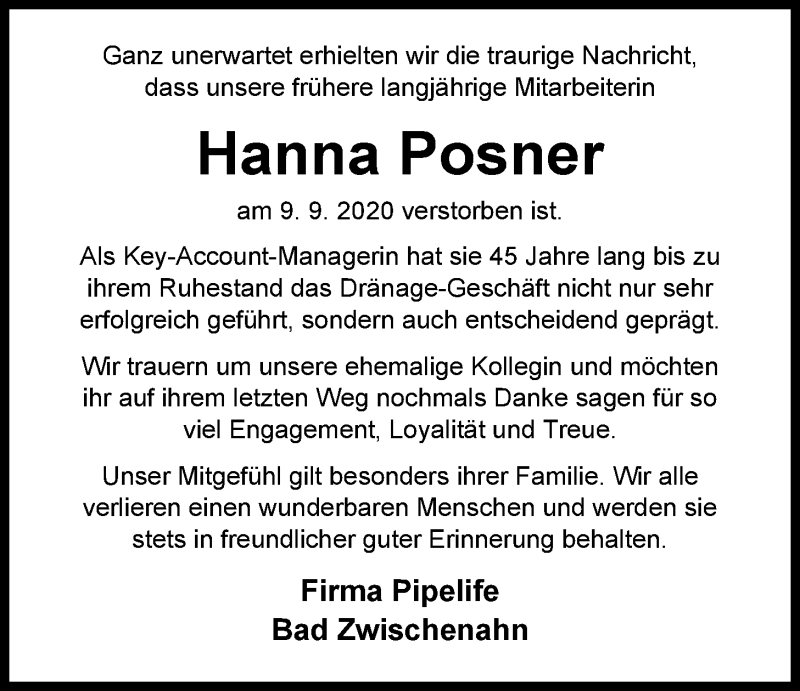 Traueranzeige für Hanna Posner vom 15.09.2020 aus Nordwest-Zeitung