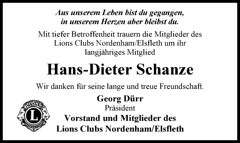  Traueranzeige für Hans-Dieter Schanze vom 15.09.2020 aus Nordwest-Zeitung