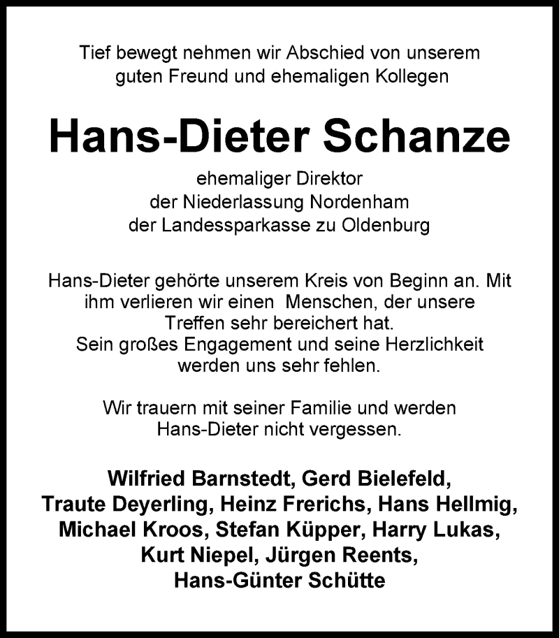  Traueranzeige für Hans-Dieter Schanze vom 15.09.2020 aus Nordwest-Zeitung