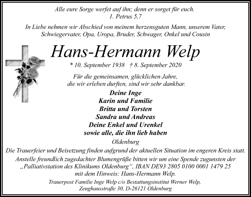  Traueranzeige für Hans-Hermann Welp vom 12.09.2020 aus Nordwest-Zeitung