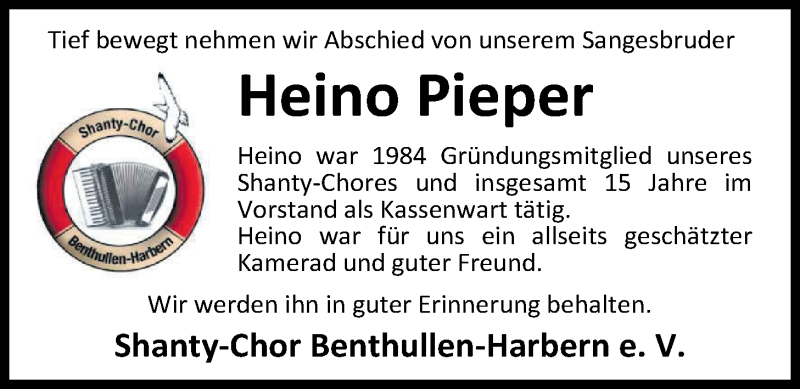  Traueranzeige für Heino Pieper vom 11.09.2020 aus Nordwest-Zeitung
