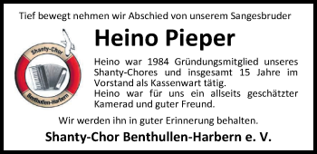 Traueranzeige von Heino Pieper von Nordwest-Zeitung