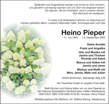 Traueranzeige von Heino Pieper von Nordwest-Zeitung