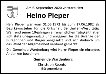 Traueranzeige von Heino Pieper von Nordwest-Zeitung