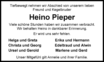 Traueranzeige von Heino Pieper von Nordwest-Zeitung