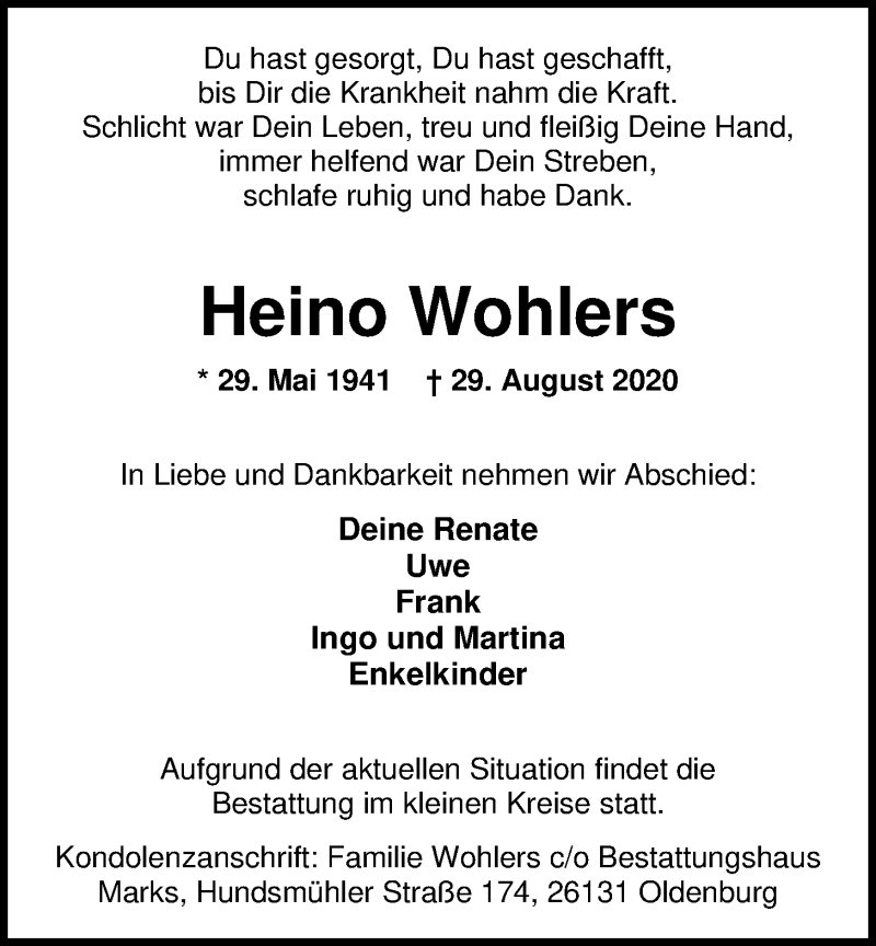  Traueranzeige für Heino Wohlers vom 03.09.2020 aus Nordwest-Zeitung
