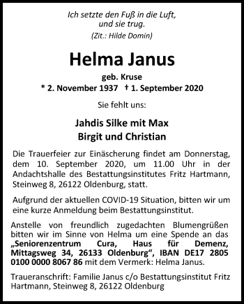 Traueranzeige von Helma Janus von Nordwest-Zeitung