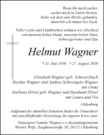 Traueranzeige von Helmut Wagner von Nordwest-Zeitung