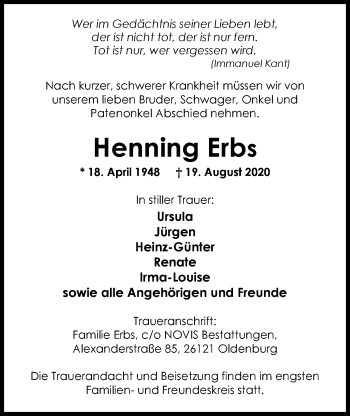 Traueranzeige von Henning Erbs von Nordwest-Zeitung
