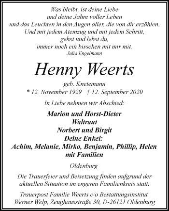 Traueranzeige von Henny Weerts von Nordwest-Zeitung