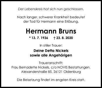 Traueranzeige von Hermann Bruns von Nordwest-Zeitung
