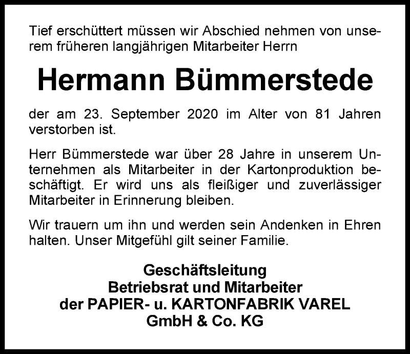  Traueranzeige für Hermann Bümmerstede vom 26.09.2020 aus Nordwest-Zeitung