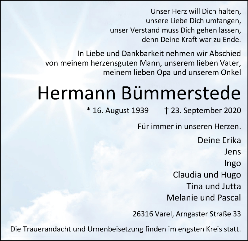  Traueranzeige für Hermann Bümmerstede vom 25.09.2020 aus Nordwest-Zeitung