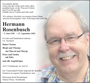 Traueranzeige von Hermann Rosenbusch von Nordwest-Zeitung