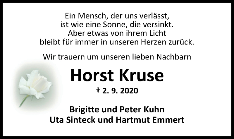 Traueranzeige für Horst Kruse vom 05.09.2020 aus Nordwest-Zeitung
