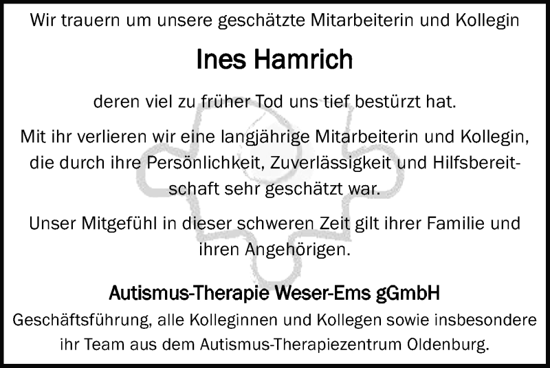  Traueranzeige für Ines Hamrich vom 12.09.2020 aus Nordwest-Zeitung