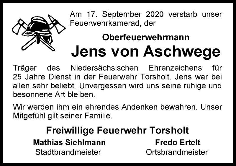 Traueranzeige für Jens von Aschwege vom 22.09.2020 aus Nordwest-Zeitung