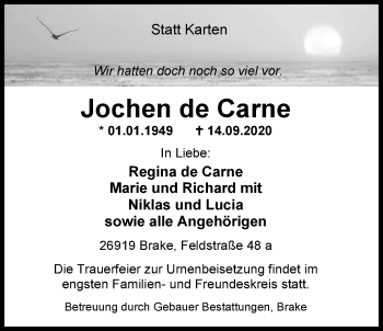 Traueranzeige von Jochen de Carne von Nordwest-Zeitung