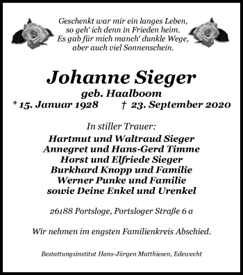 Traueranzeige von Johanne Sieger von Nordwest-Zeitung