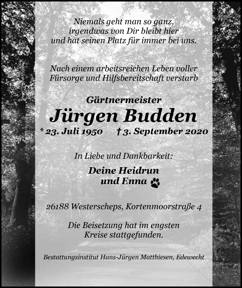  Traueranzeige für Jürgen Budden vom 12.09.2020 aus Nordwest-Zeitung