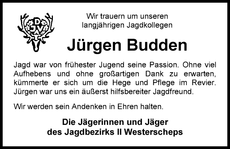  Traueranzeige für Jürgen Budden vom 12.09.2020 aus Nordwest-Zeitung