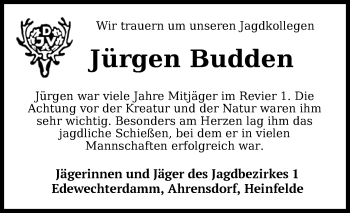 Traueranzeige von Jürgen Budden von Nordwest-Zeitung