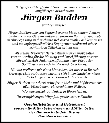 Traueranzeige von Jürgen Budden von Nordwest-Zeitung