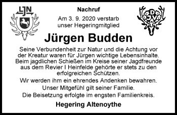 Traueranzeige von Jürgen Budden von Nordwest-Zeitung