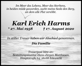 Traueranzeige von Karl Erich Harms von Nordwest-Zeitung