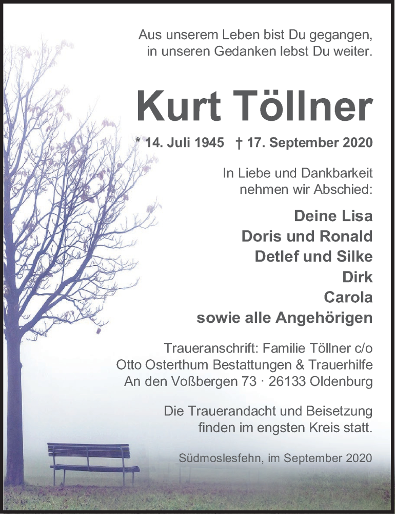  Traueranzeige für Kurt Töllner vom 22.09.2020 aus Nordwest-Zeitung