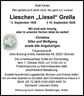 Traueranzeige von Lieschen Grella von Nordwest-Zeitung
