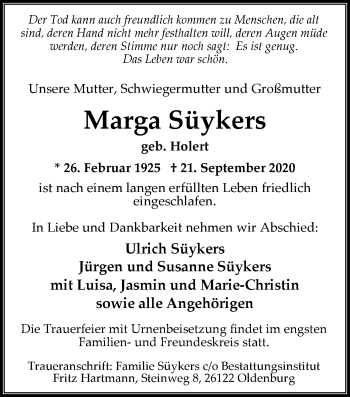 Traueranzeige von Marga Sykers von Nordwest-Zeitung