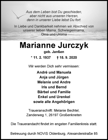 Traueranzeige von Marianne Jurczyk von Nordwest-Zeitung
