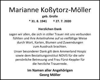 Traueranzeige von Marianne Koßytorz-Möller von Nordwest-Zeitung