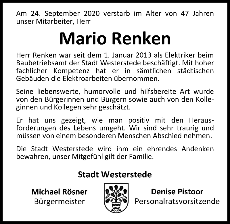  Traueranzeige für Mario Renken vom 29.09.2020 aus Nordwest-Zeitung