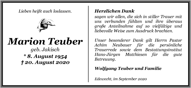  Traueranzeige für Marion Teuber vom 26.09.2020 aus Nordwest-Zeitung