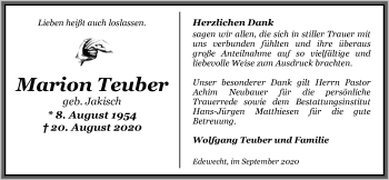 Traueranzeige von Marion Teuber von Nordwest-Zeitung