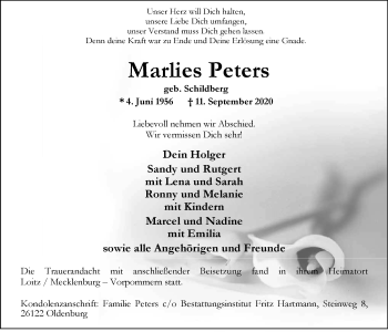 Traueranzeige von Marlies Peters von Nordwest-Zeitung