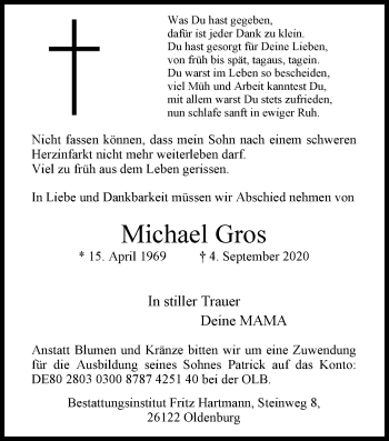 Traueranzeige von Michael Gros von Nordwest-Zeitung